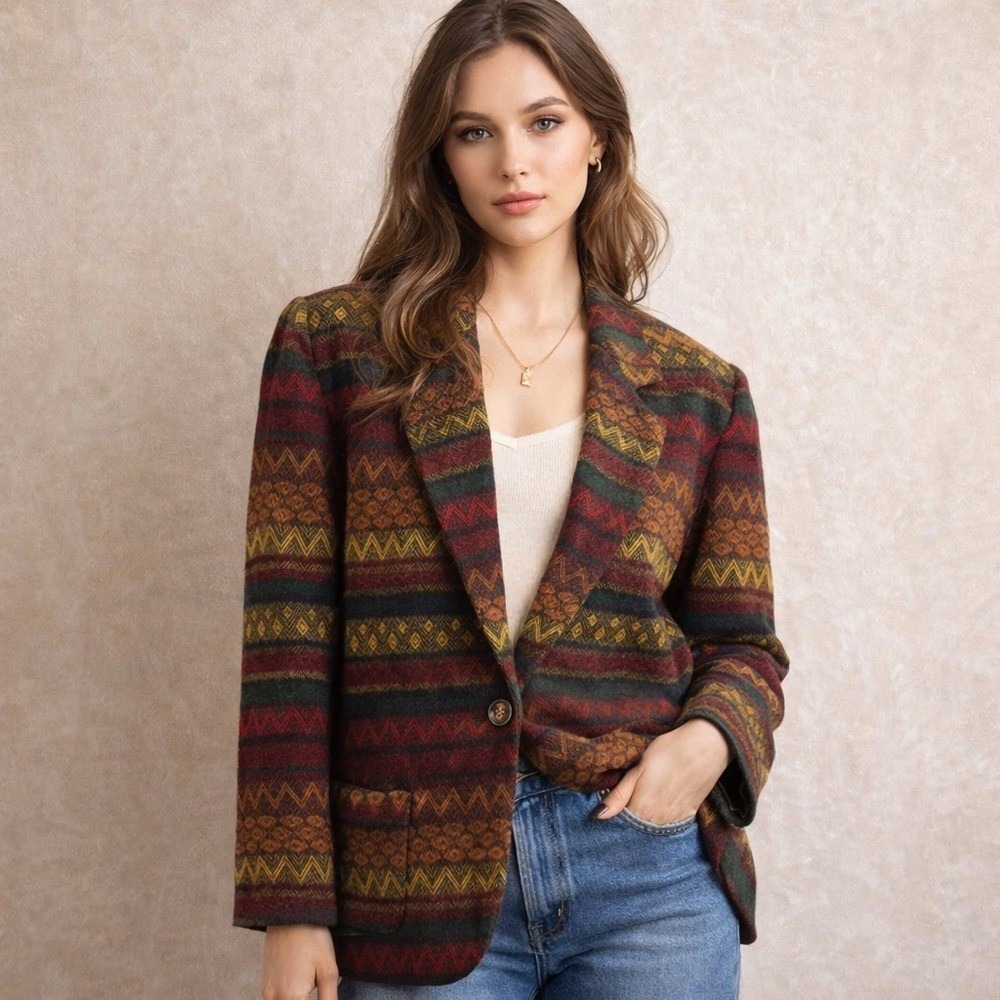 Vintage Marnie West Wool Blend Southwestern Aztec Blazer Jacket 90s Boho Medium